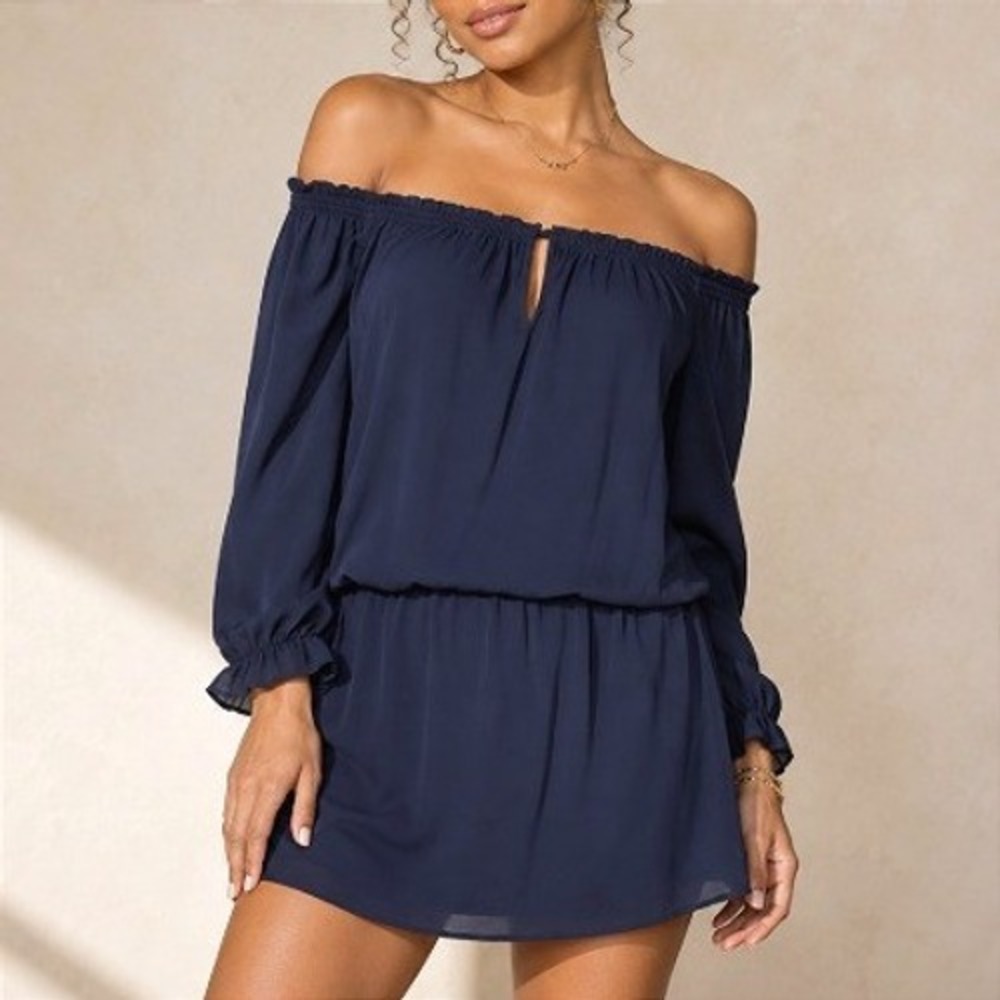 Joie Kay Navy Off Shoulder Peasant Boho Keyhole Blouson 100% Silk Mini Dress S